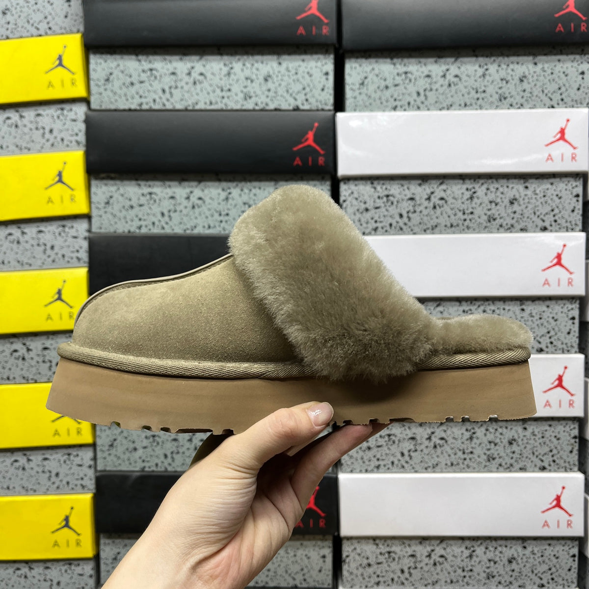 UGG Antelope Brown Platform Slippers with Plush Collar