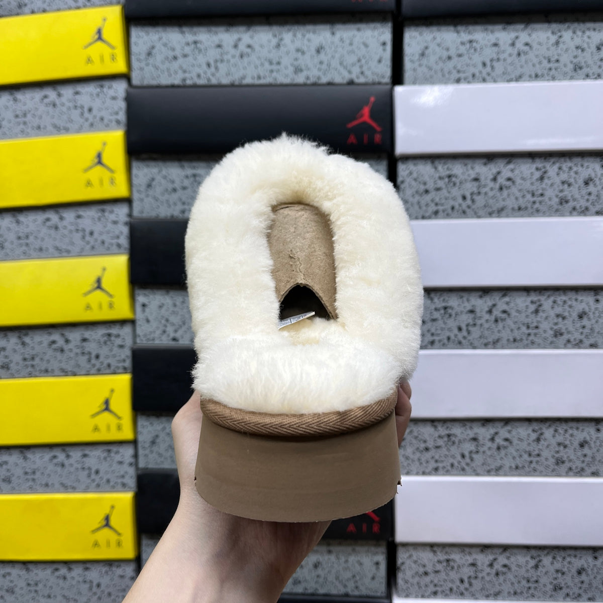 UGG Chestnut Platform Slippers with Cream Plush Collar