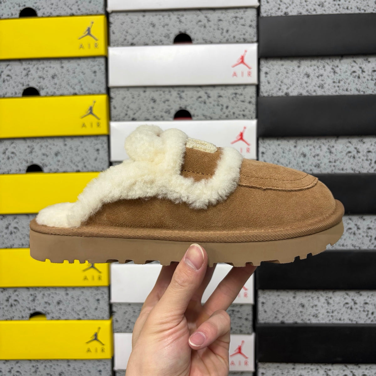 UGG Chestnut Slippers with Cream Plush Trim and Embroidered Logo