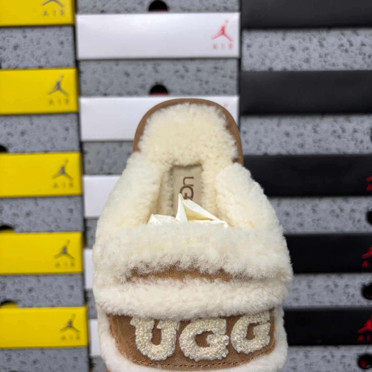 UGG Chestnut Slippers with Cream Plush Trim and Embroidered Logo