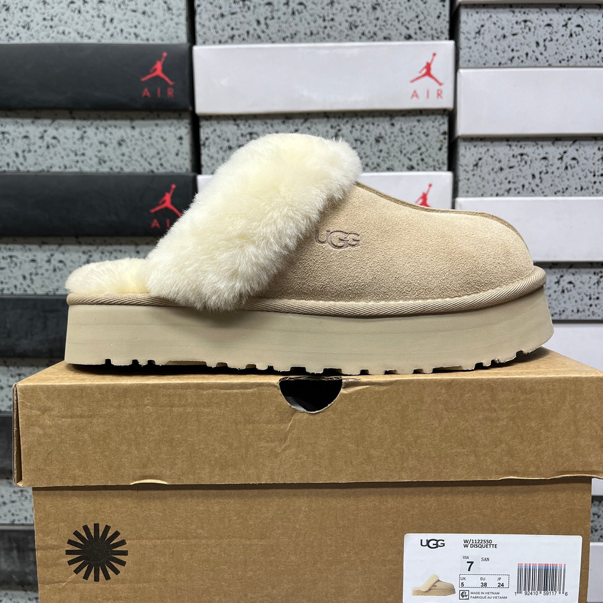 UGG Sand Beige Platform Slippers with Cream Plush Collar