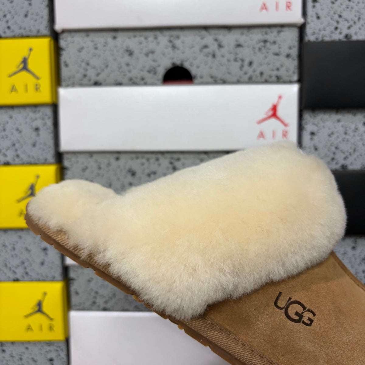UGG Chestnut Slippers with Cream Plush Collar