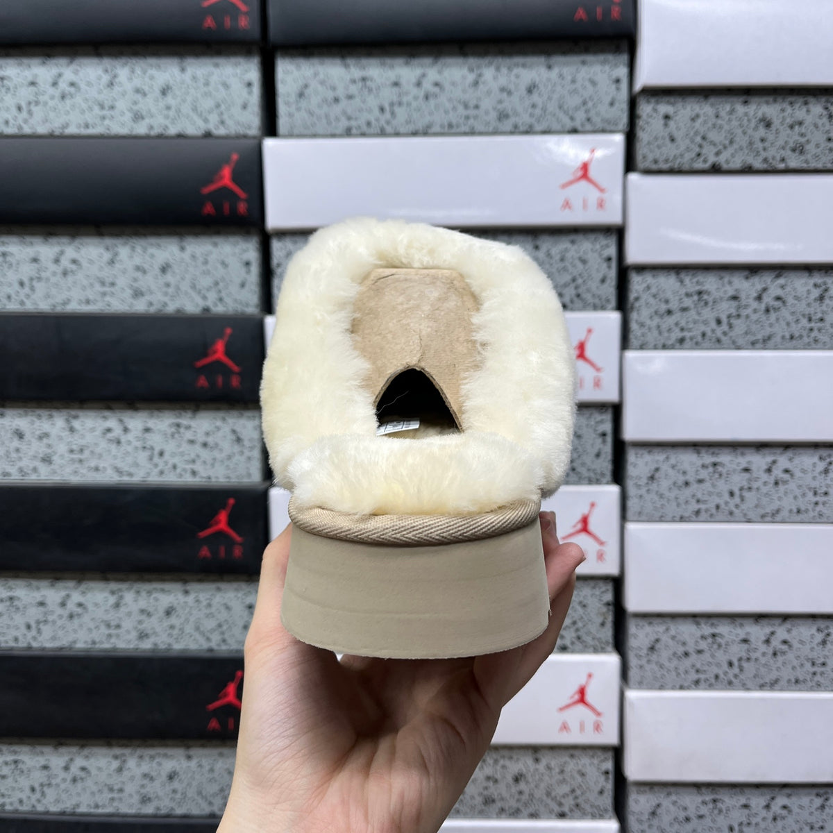 UGG Sand Beige Platform Slippers with Cream Plush Collar
