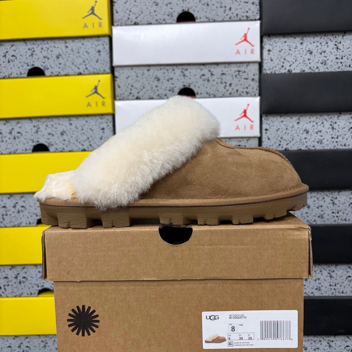 UGG Chestnut Slippers with Cream Plush Collar and Notched Sole