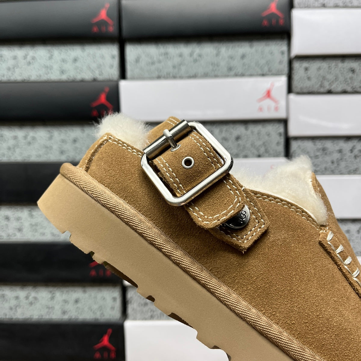 UGG Chestnut Buckle-Strap Clogs with Cream Plush Lining