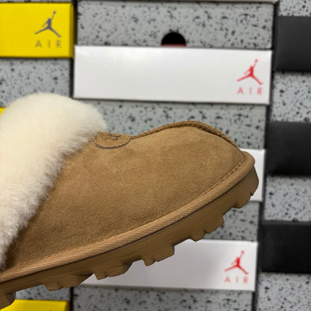 UGG Chestnut Slippers with Cream Plush Collar and Notched Sole