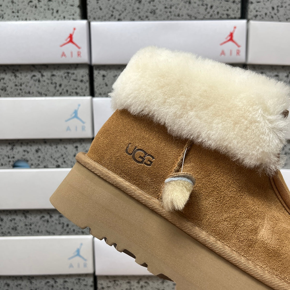 UGG Chestnut Platform Ankle Boots with Cream Plush Collar