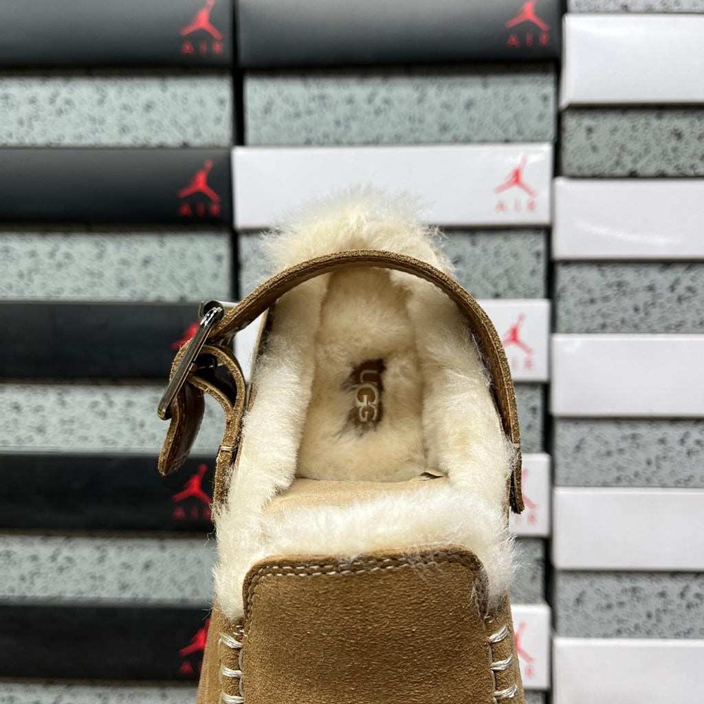 UGG Chestnut Buckle-Strap Clogs with Cream Plush Lining