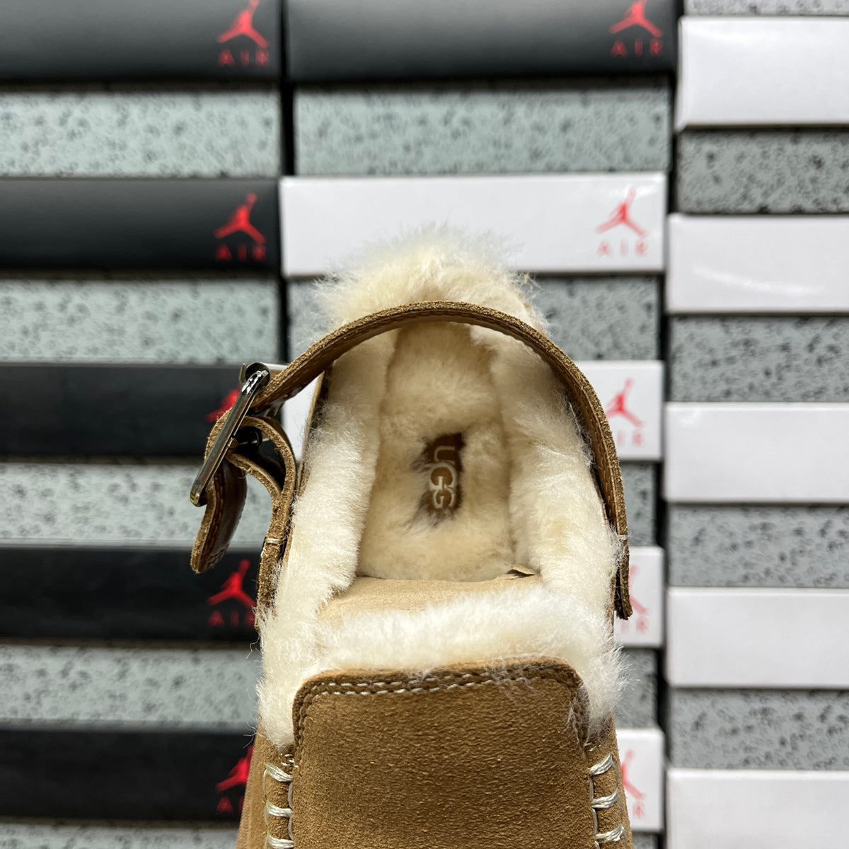 UGG Chestnut Buckle-Strap Clogs with Cream Plush Lining