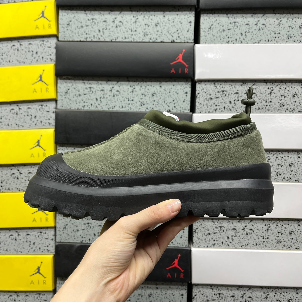 UGG Olive Green Drawstring Slip-On Shoes with Black Chunky Sole
