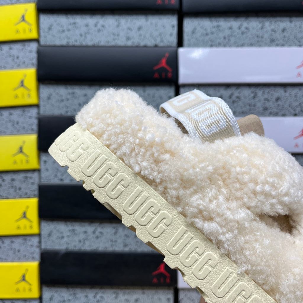 UGG Cream Plush Cross-Strap Platform Sandals with Logo Heel Strap