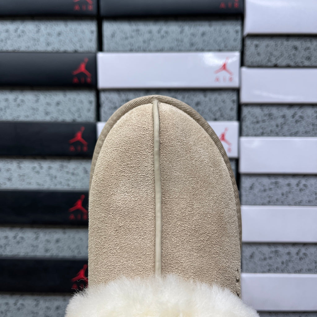 UGG Sand Beige Platform Slippers with Cream Plush Collar
