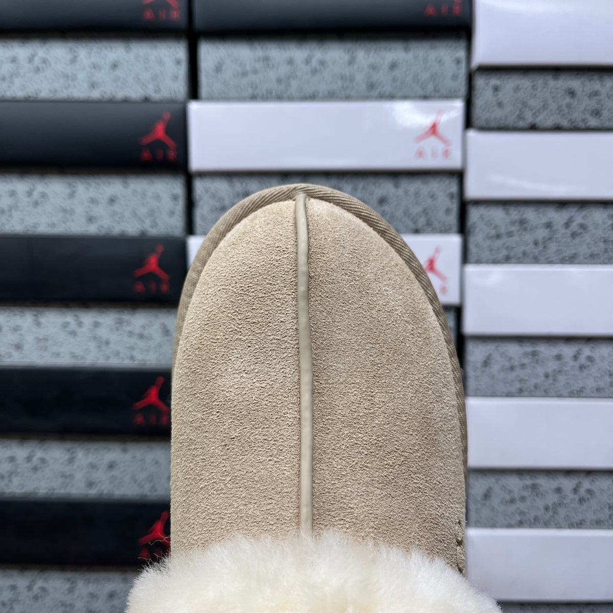 UGG Sand Beige Platform Slippers with Cream Plush Collar