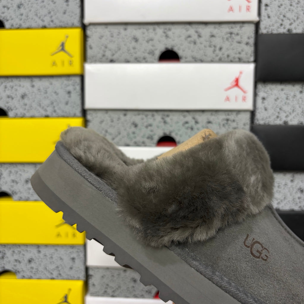 UGG Gray Platform Slippers with Plush Collar