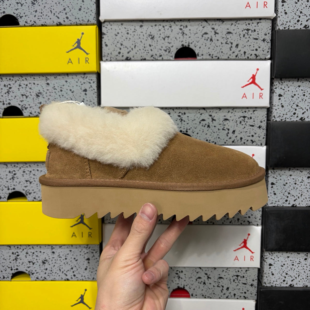 UGG Chestnut Platform Slip-On Shoes with Cream Plush Collar
