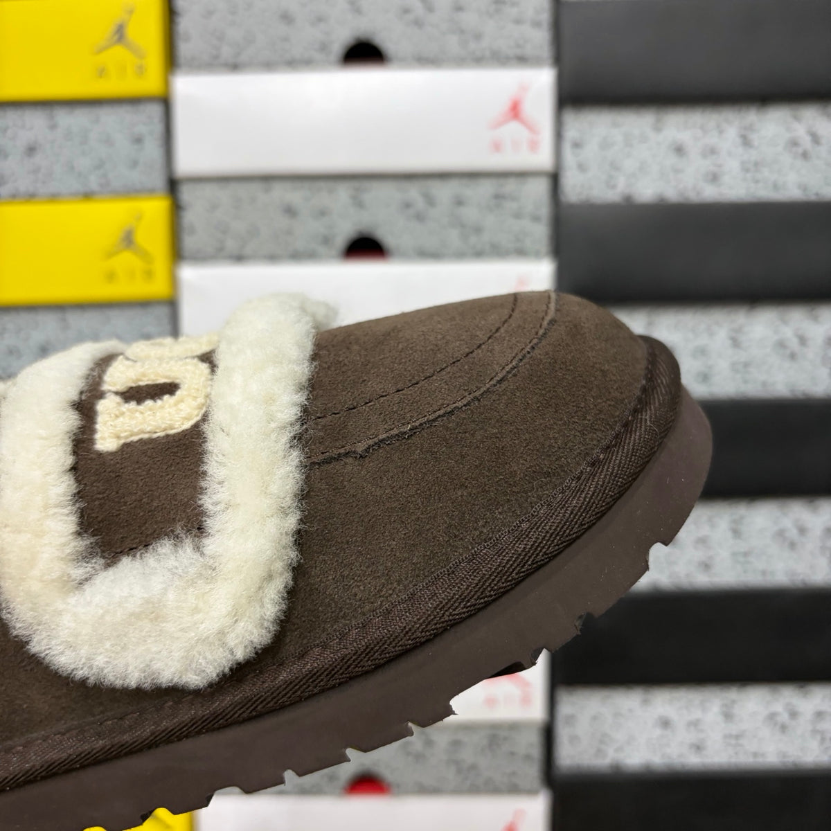 UGG Chocolate Brown Slippers with Cream Plush Trim and Embroidered Logo